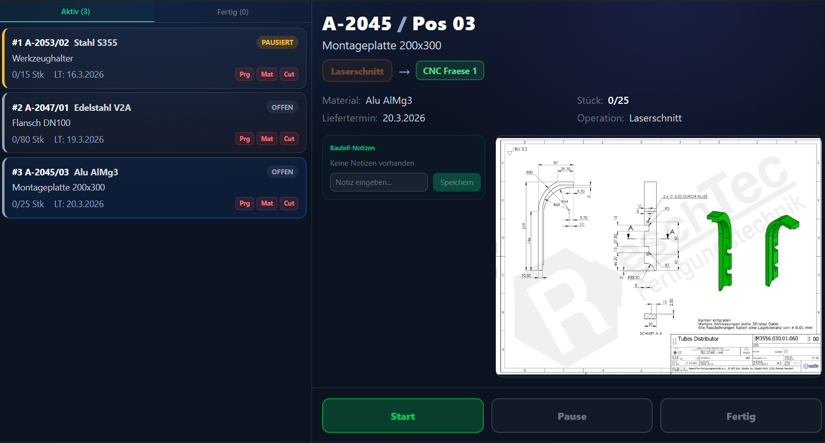 Werker-Terminal mit technischer Zeichnung und Bauteil-Notizen